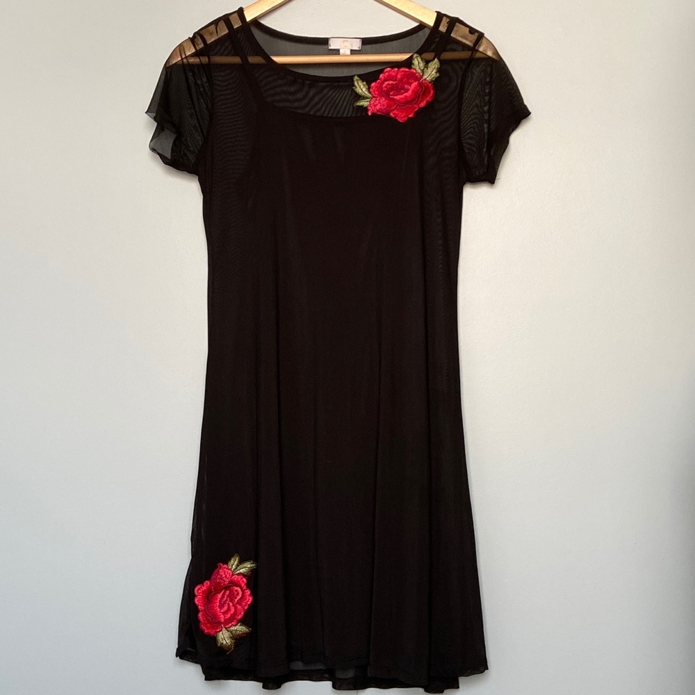 Charming Charlie Red rose patch black dress